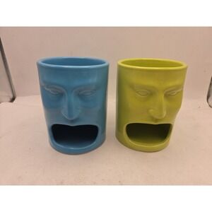 Set of 2 FACE MUG Coffee Cookie Holder Open Mouth BIA Cordon Bleu Blue Green NEW